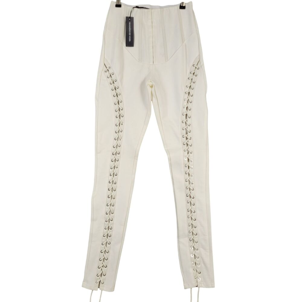 NWT MANIERE DE VOIR White Corset Waist Lace Up Leg High Rise Pants SIZE 6